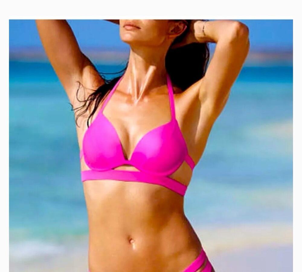 Victorias Secret Bikini Top 36DD Hottie Halter Solid Pink Pushup Padded Y2k 3084